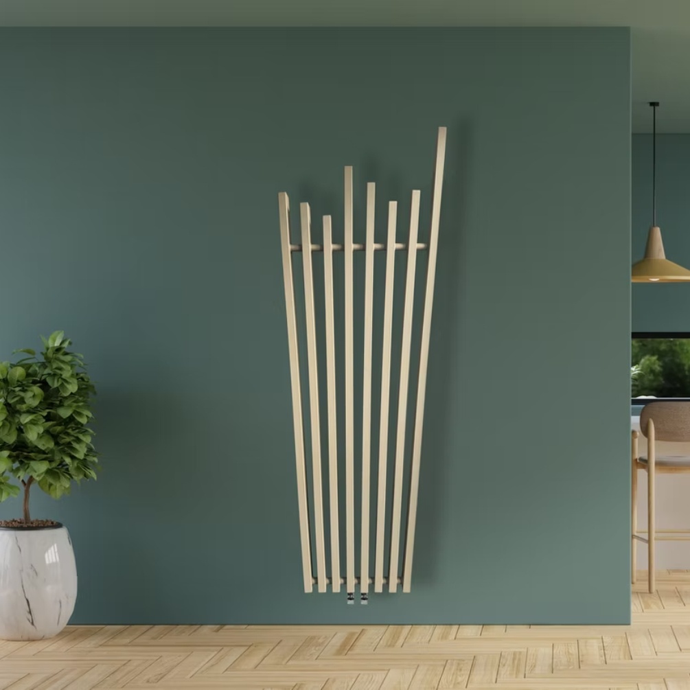 Lifestyle image of the Radox Manhattan 1800mm x 630mm Cappuccino Designer Heated Radiator mounted on a green household wall
